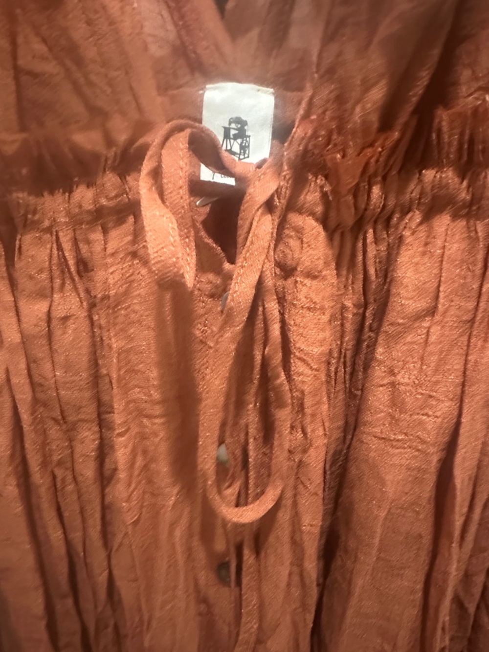 FLAWLESS Rust Maxi Dress V-Neck Ruffle Sleeves Gathered Waistline Button Front L - Picture 4 of 11